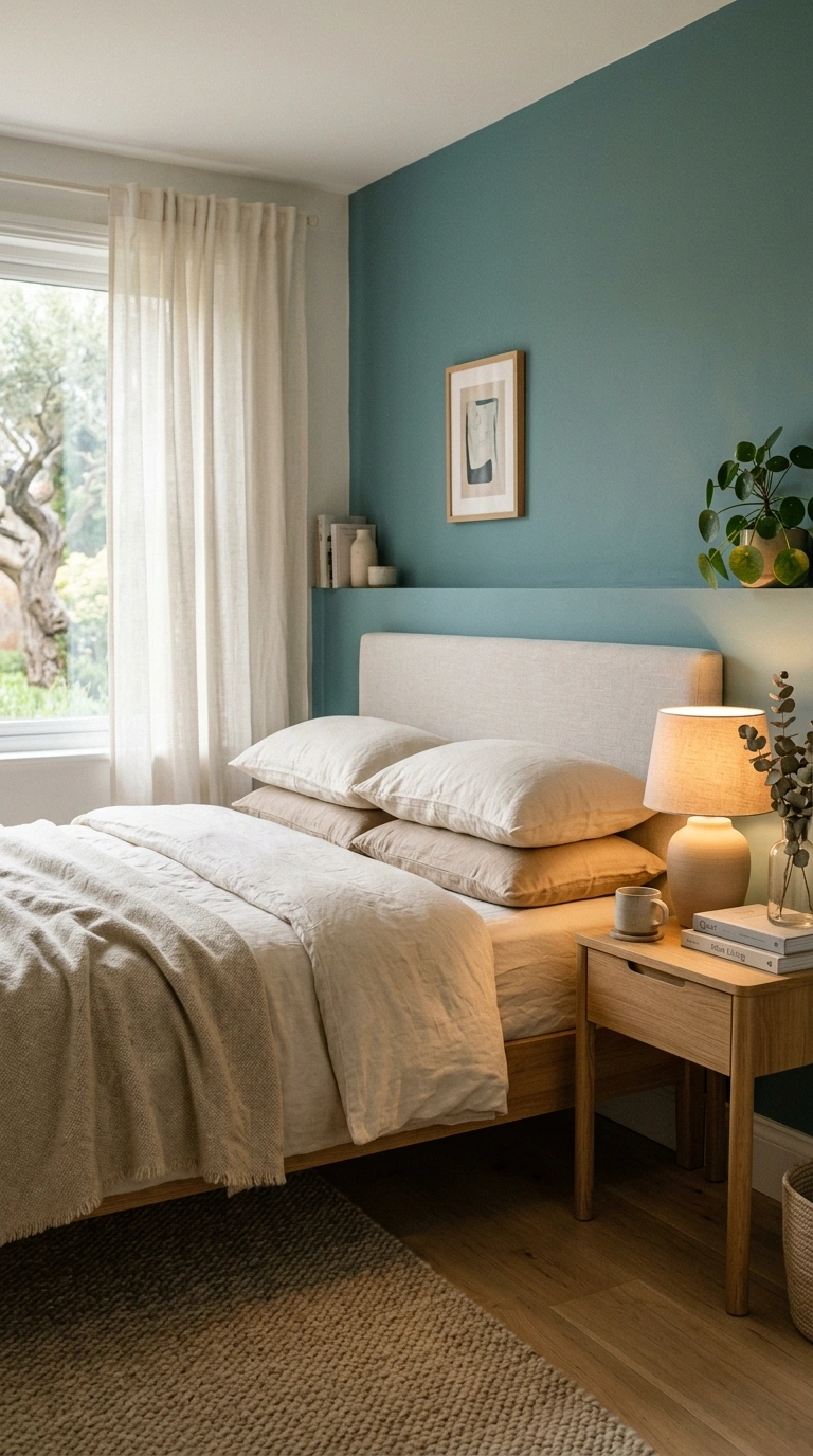 001 1 Teal Bedroom with Warm Minimal Lighting and Soft Teal bedroom with linen bedding 202605210052