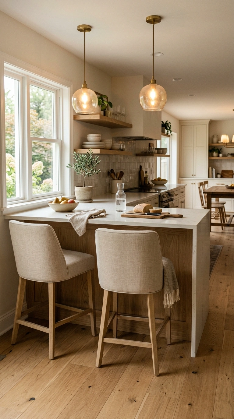 001 1 Warm Oak Peninsula With Soft Linen Seating Creat