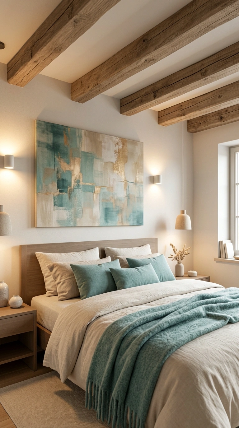 001 15 Teal Bedroom with Wooden Ceiling Beams Rustic W Teal bedroom with abstract art 202605210101
