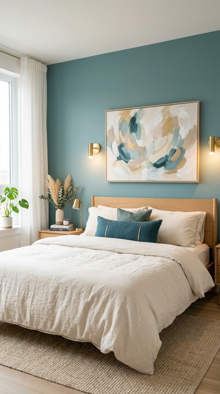 001 16 Teal Bedroom with Soft Abstract Wall Art and Wa Teal bedroom with abstract art 202605210109