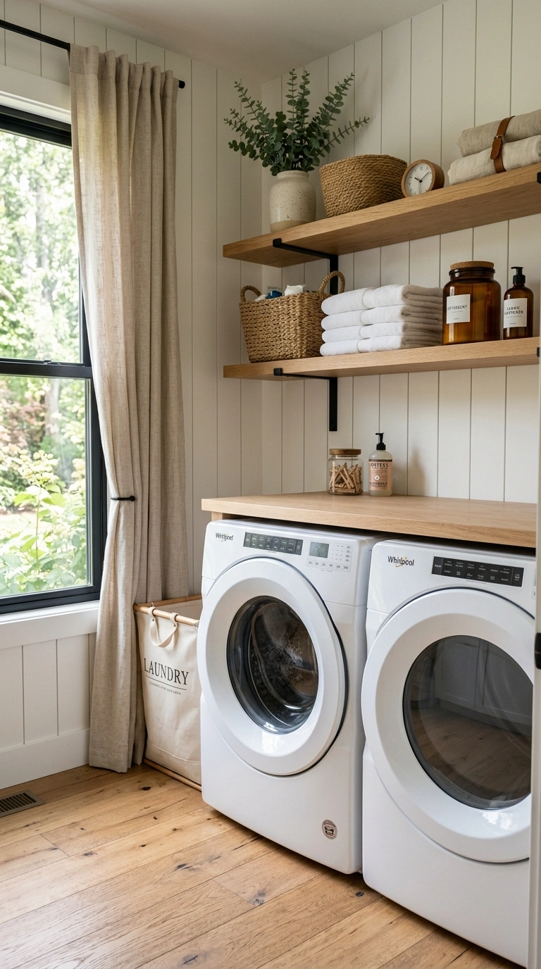 001 Modern Farmhouse Small Laundry Room With Floating Small laundry room with shelves 202605212257