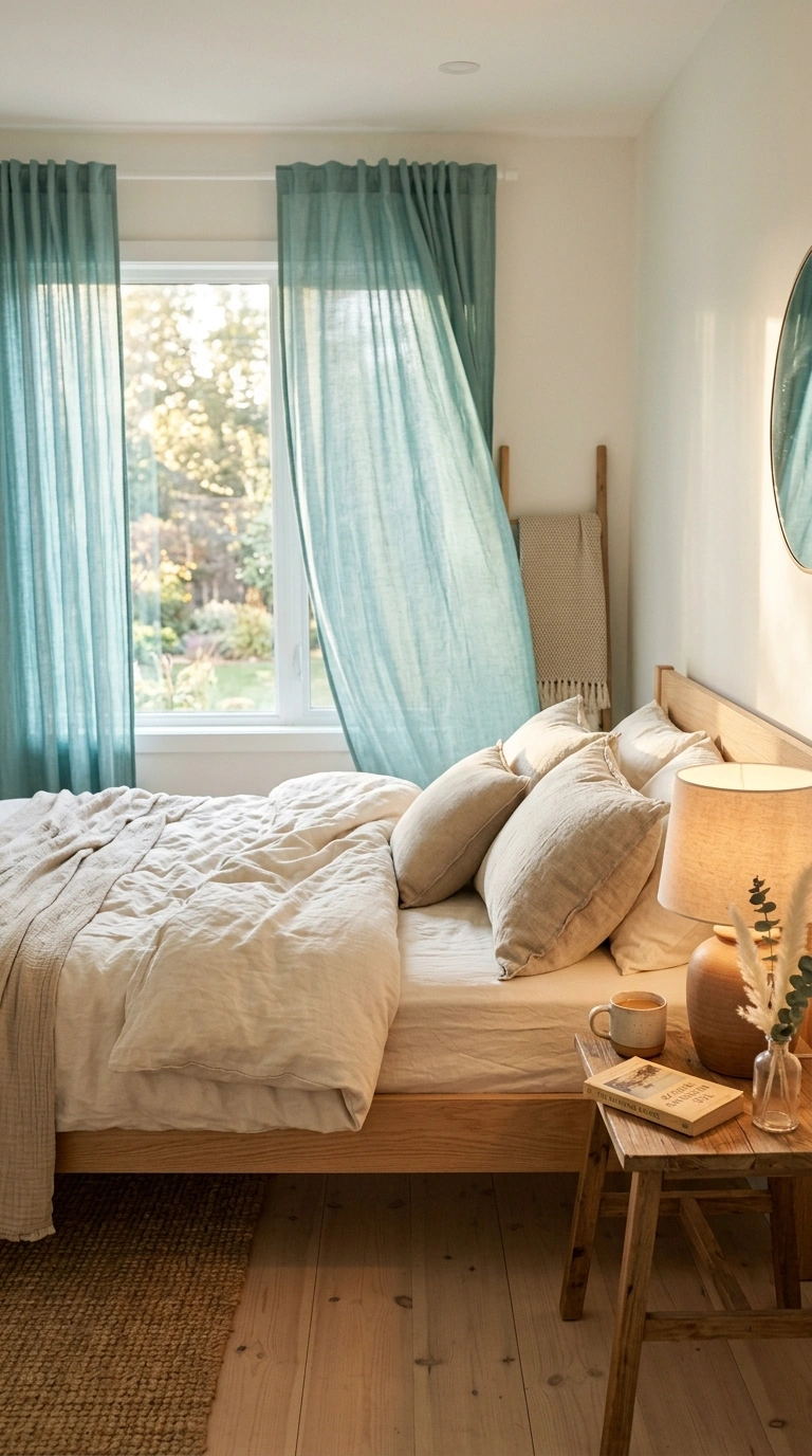 002 17 Teal Bedroom with Soft Draped Curtains and Gold Teal bedroom with morning light 202605210110