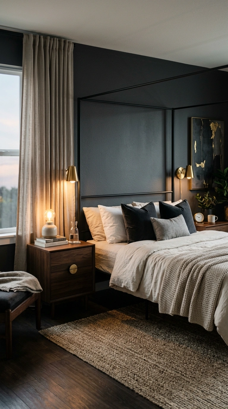 002 2 Create A Moody Charcoal Bedroom With Brass Detai