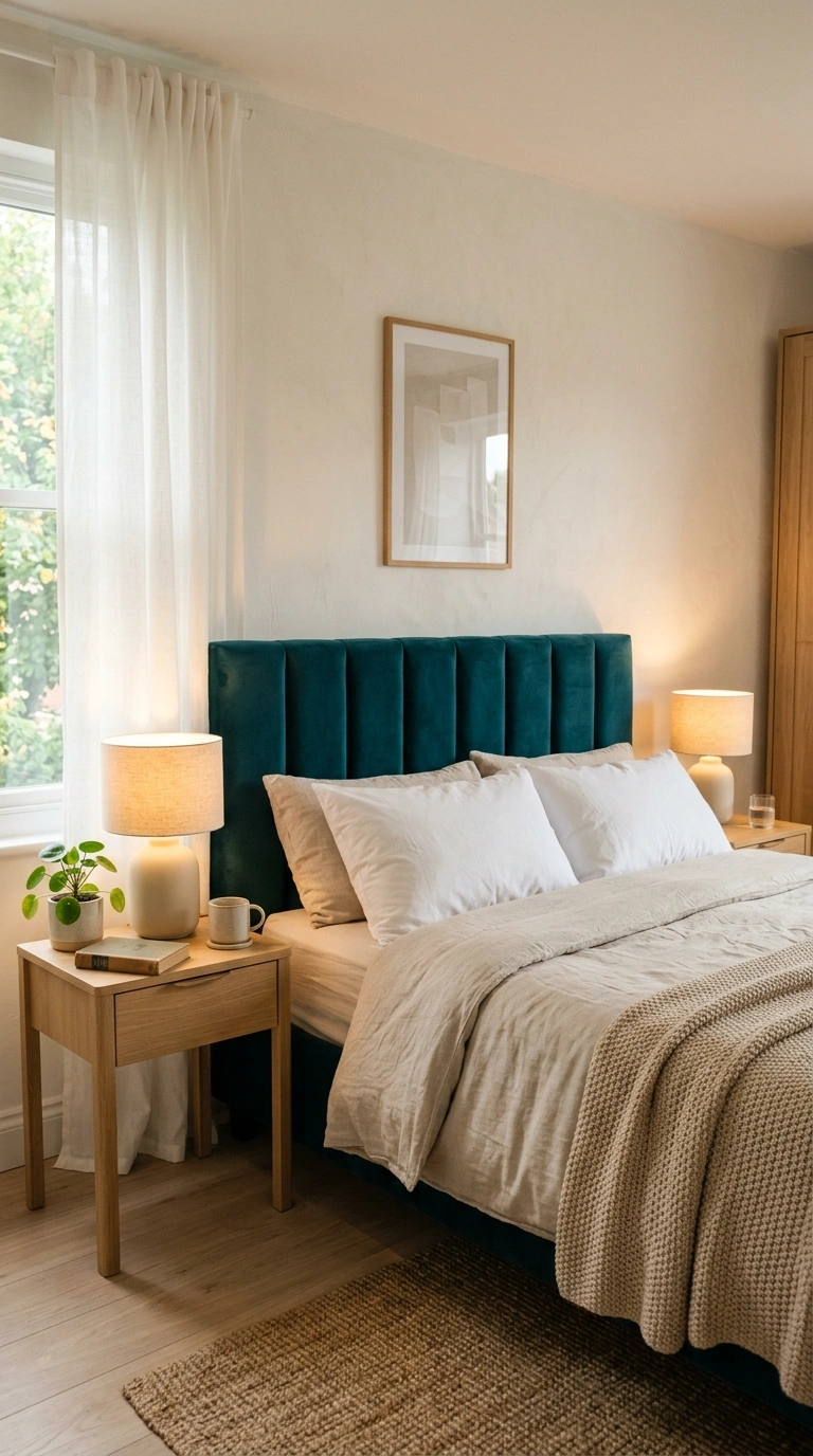 002 2 Teal Velvet Headboard Bedroom with Cozy Warm Amb Teal velvet headboard bedroom glow 202605210052