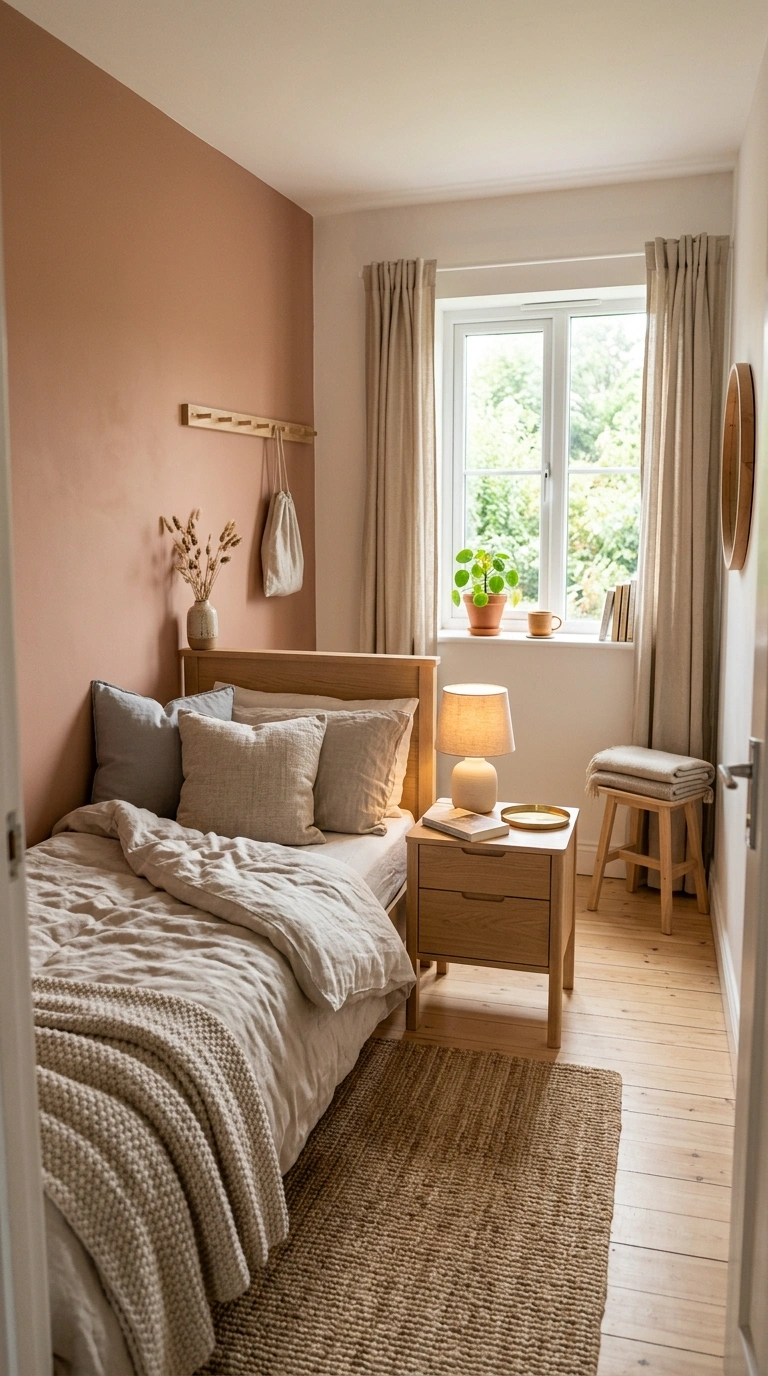 002 A small bedroom with one modest window where the a
