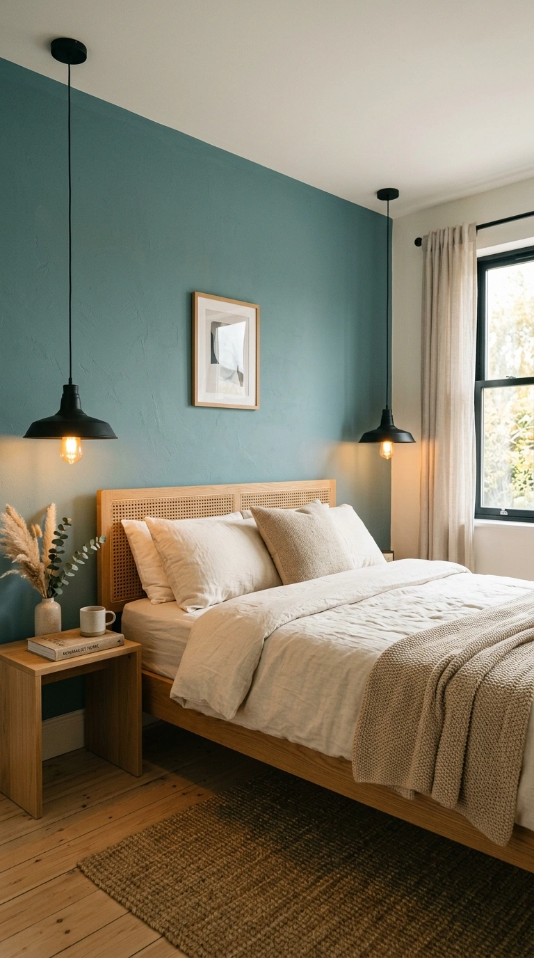 003 18 Teal Bedroom with Warm Industrial Soft Lighting Teal bedroom with industrial ele… 202605210110