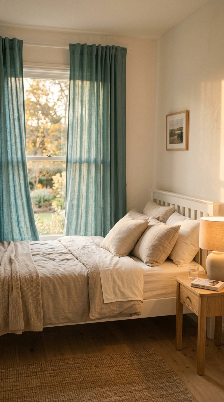003 3 Teal Curtains Bedroom with Golden Hour Soft Ligh Teal curtains bedroom golden hour 202605210053