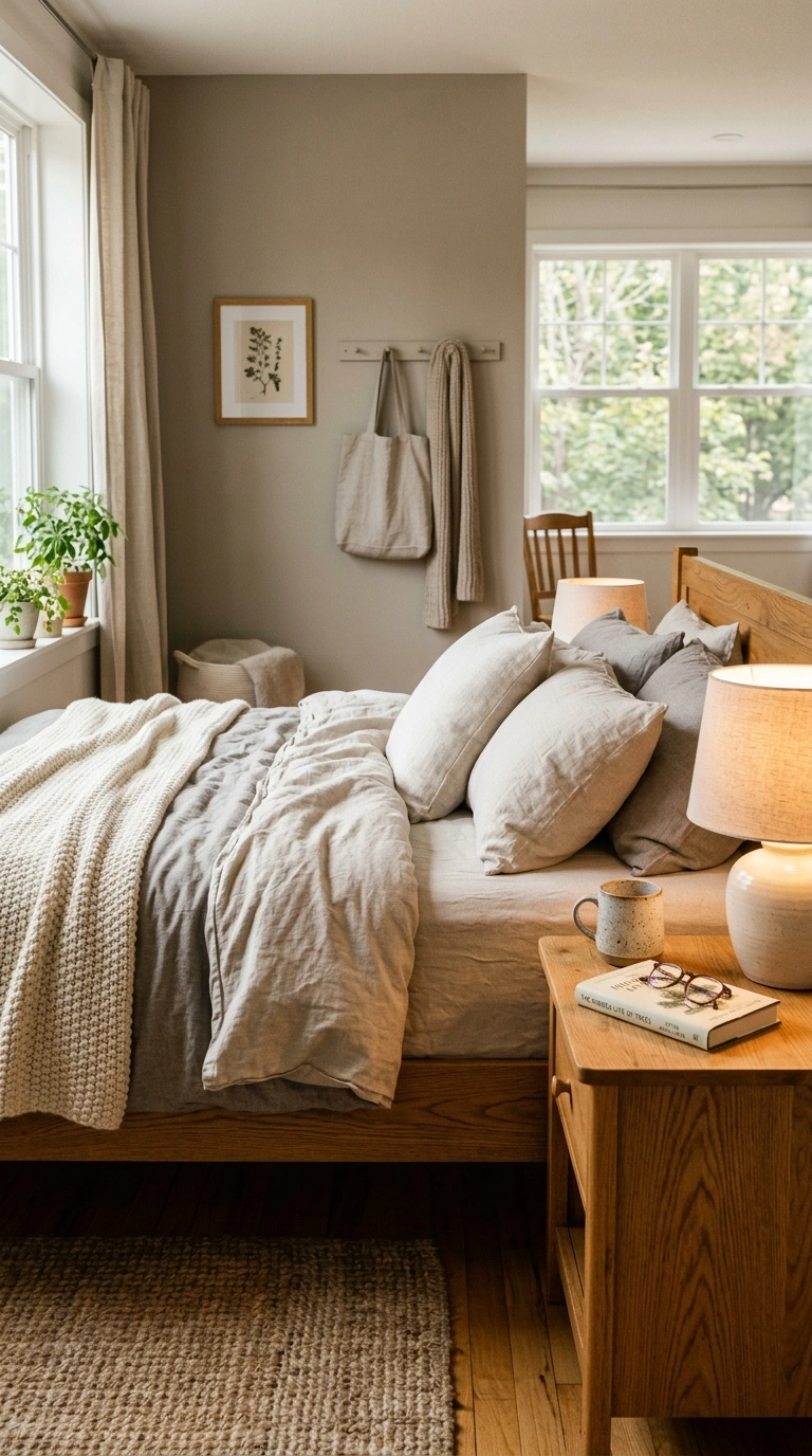 003 A cozy bedroom where a warm greige accent wall sit