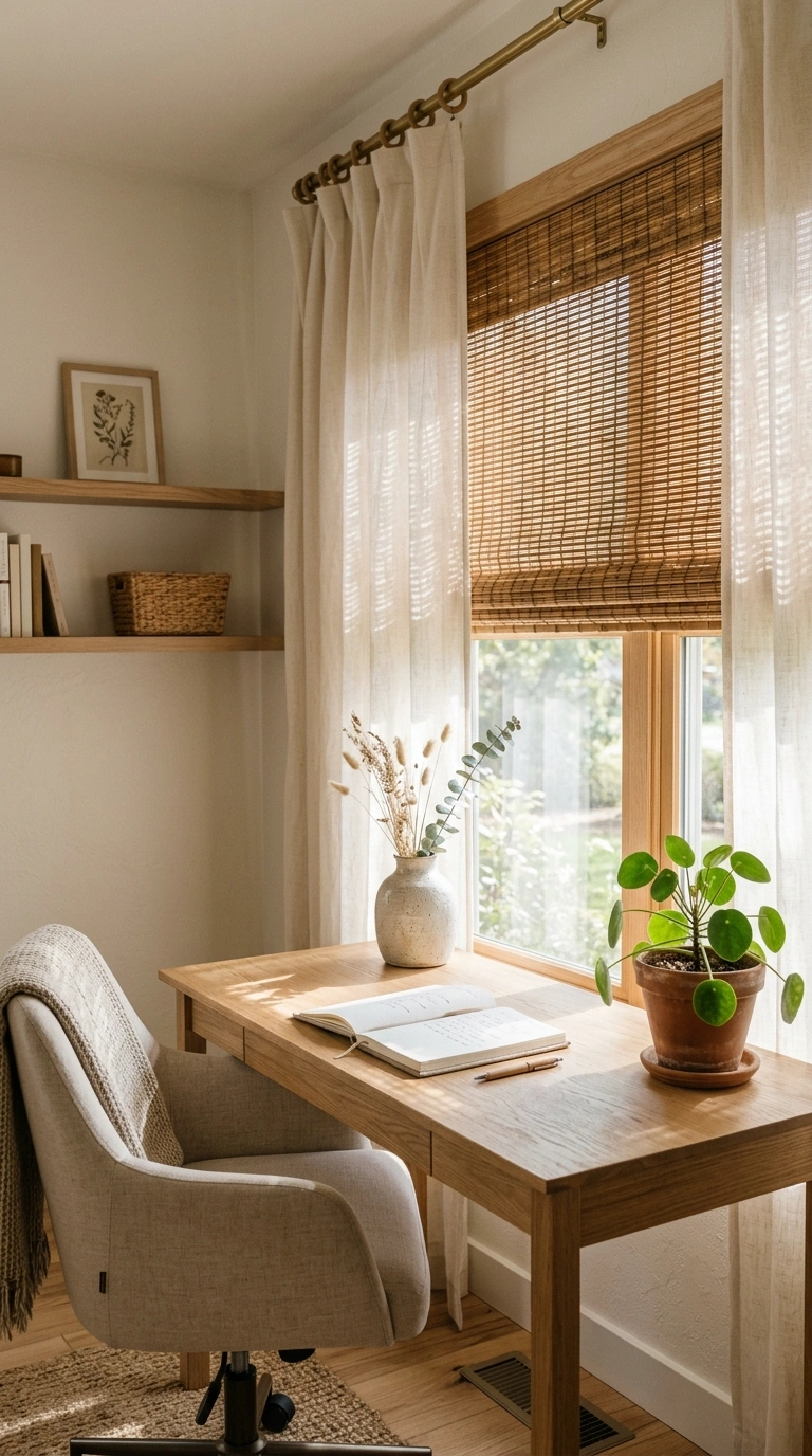 003 Bamboo Shades Behind Airy Cotton Curtains Create a