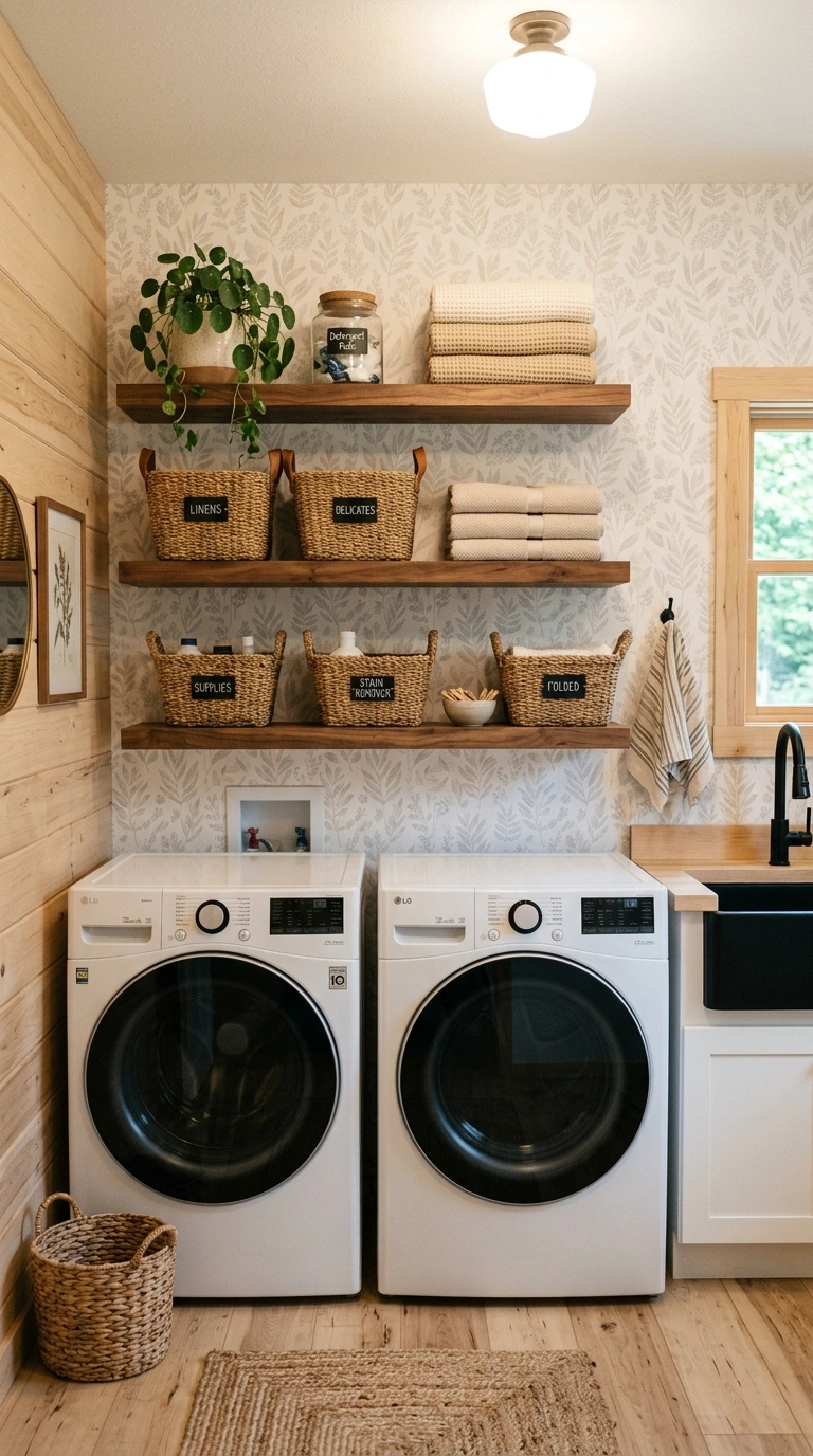 003 Cozy Laundry Room With Peel And Stick Wallpaper Cr Laundry room with wallpaper shelves 202605212259