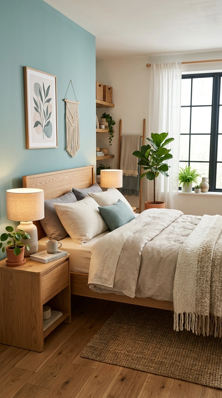 004 4 Teal and Wood Cozy Natural Bedroom Prompt Create Teal wood cozy natural bedroom 202605210053
