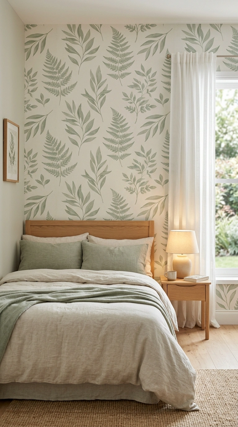 004 A restful bedroom with a large scale soft botanica