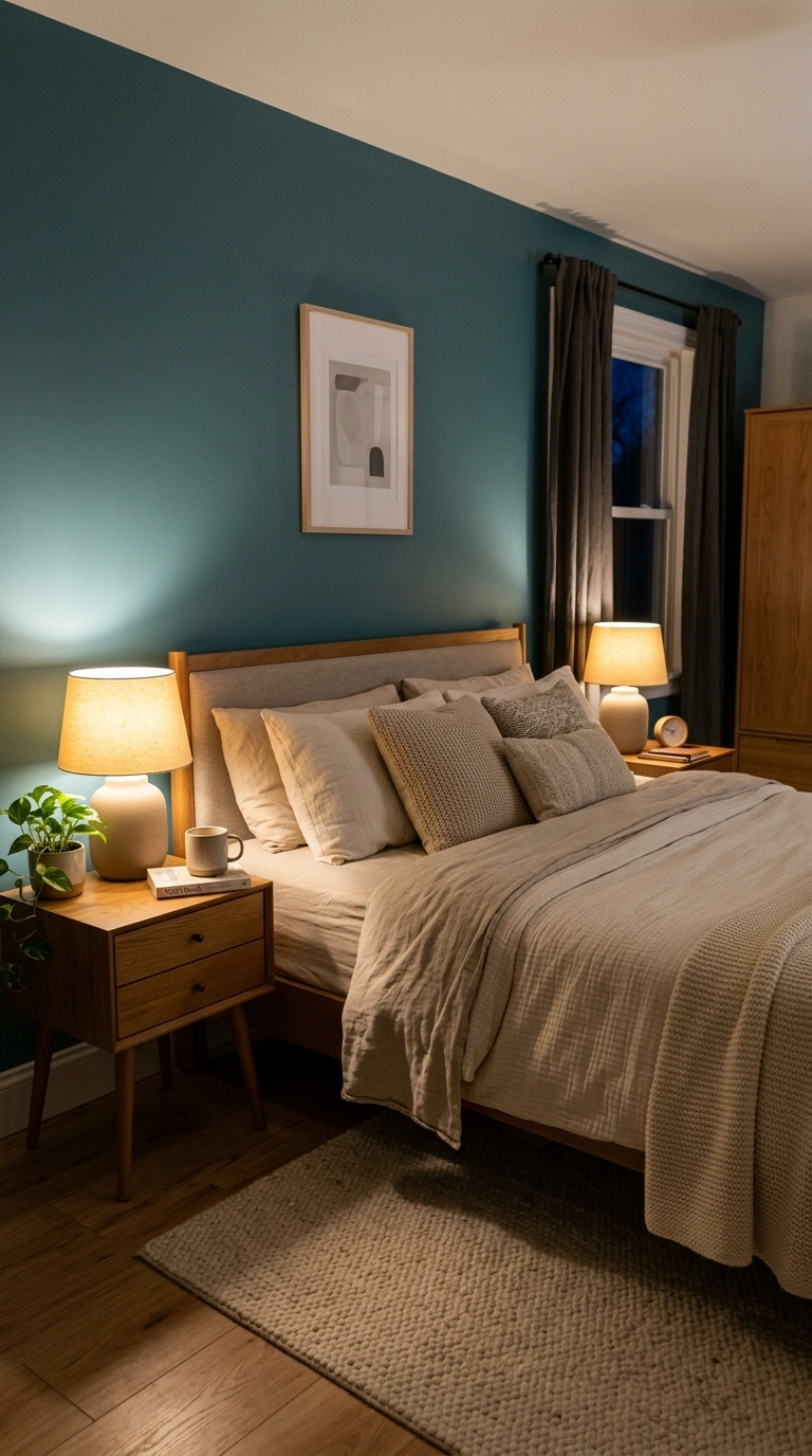 005 20 Teal Bedroom with Soft Cozy Night Mood and Warm Teal bedroom with warm lamp 202605210112