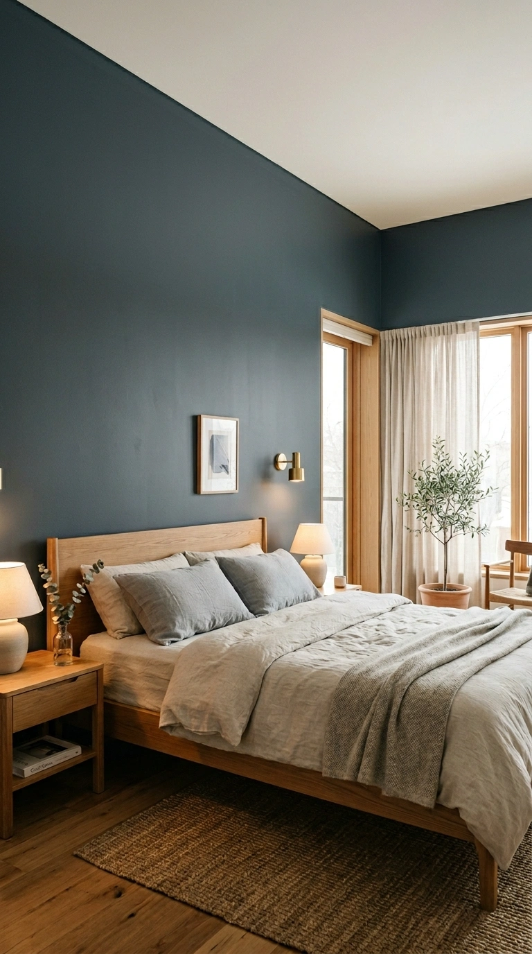 005 A bedroom where a deep slate accent wall stops cle