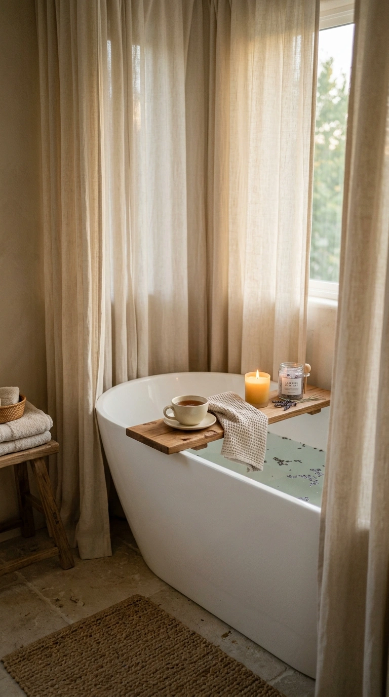 005 Linen Curtain Bathtub Corner Retreat Create a high