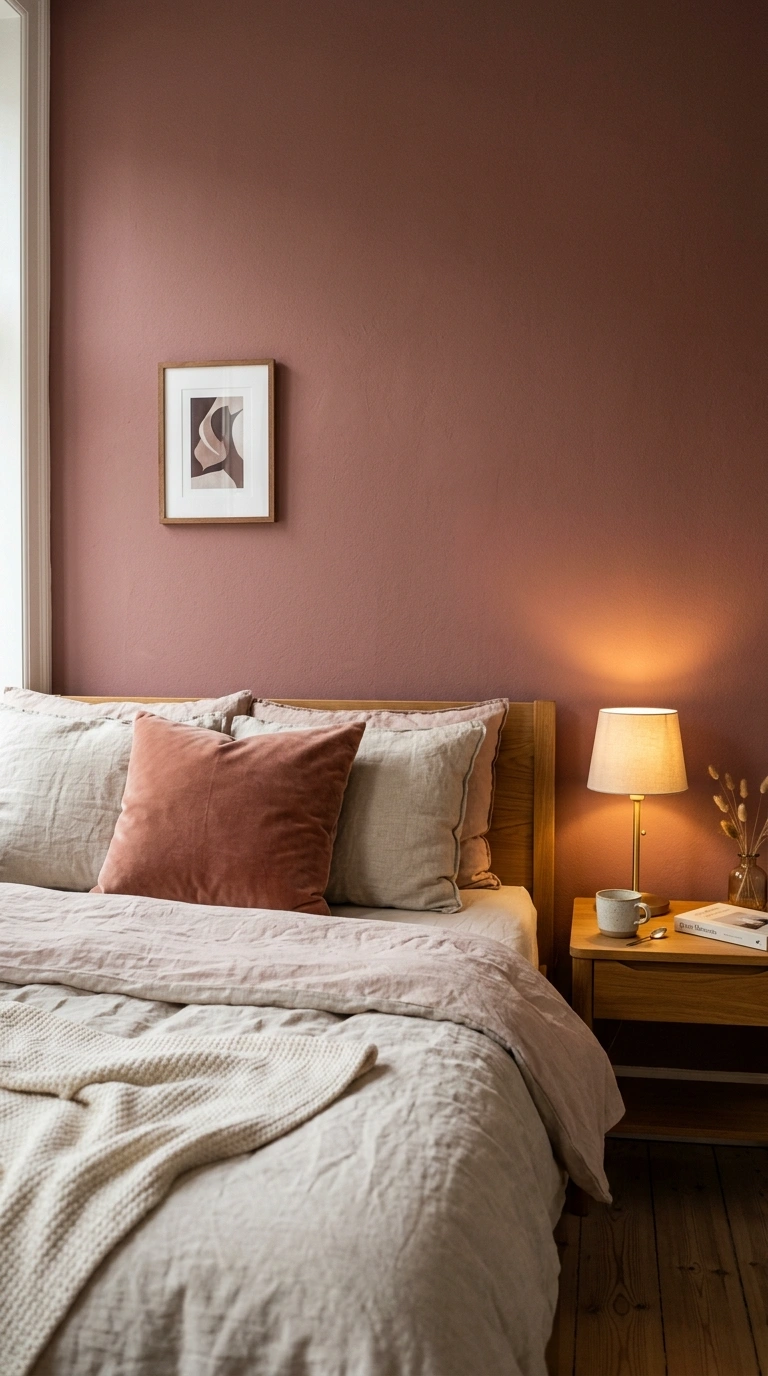 006 A bedroom with a matte finish dusty rose accent wa