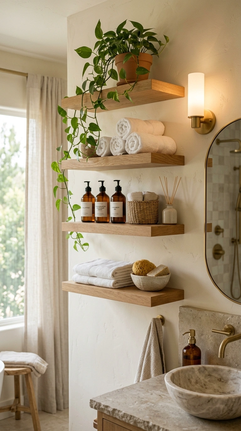 006 Cozy Neutral Spa Bathroom With Open Shelving Creat