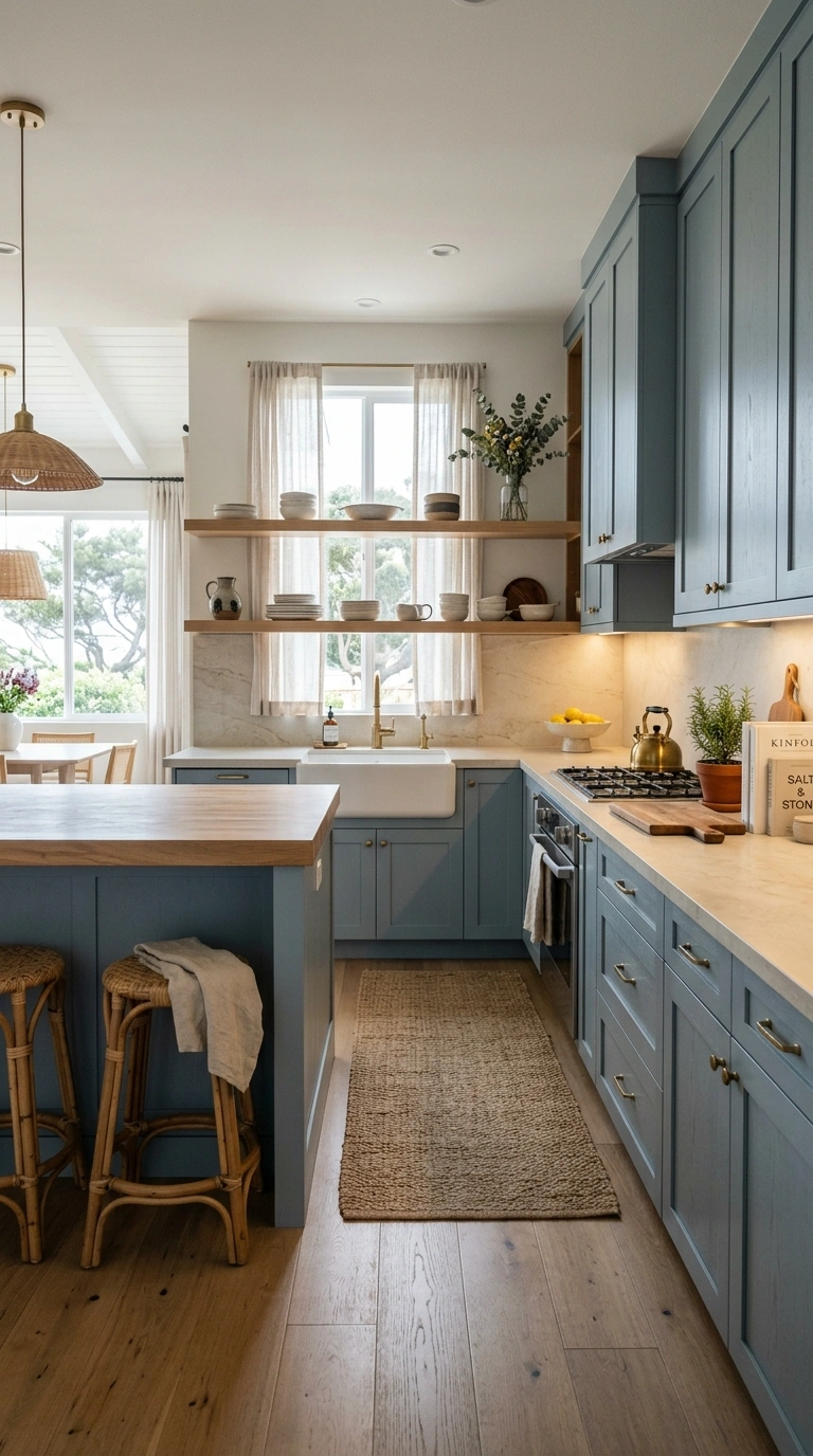 006 Soft Blue Gray Cabinets With Warm Wood Details Cre