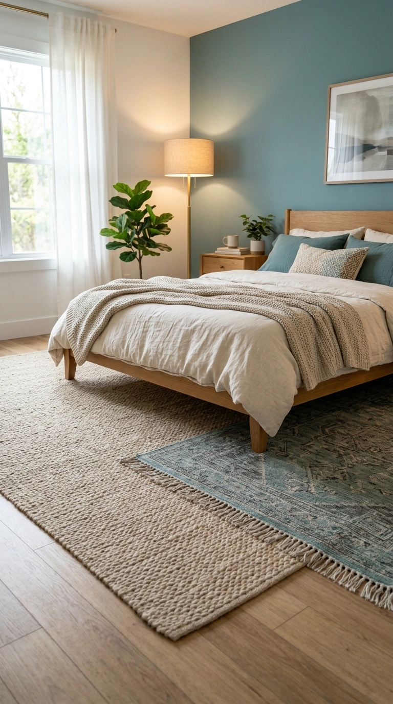 007 7 Teal Bedroom with Soft Rug Layering and Warm Flo Teal bedroom with layered rugs 202605210055