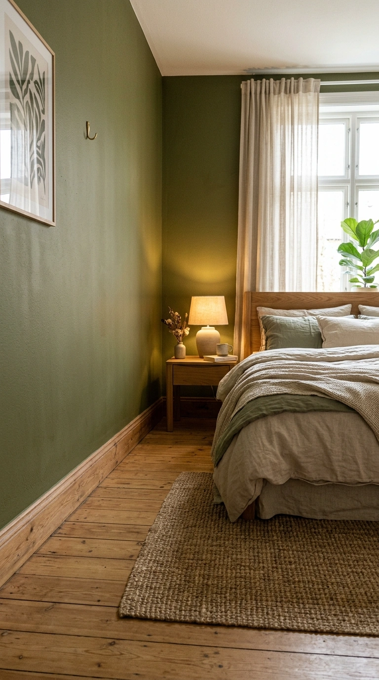 007 A bedroom where the olive accent wall shares warmt