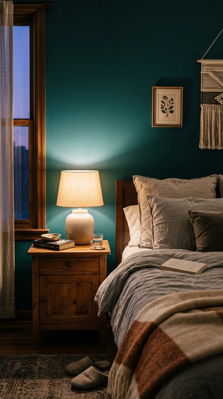008 An evening bedroom scene with a deep teal accent w