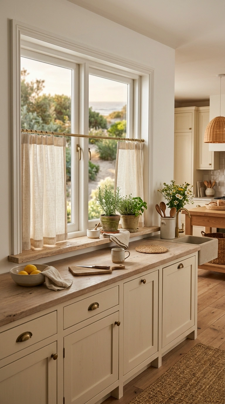 008 Linen Cafe Curtains In A Warm Coastal Kitchen Crea