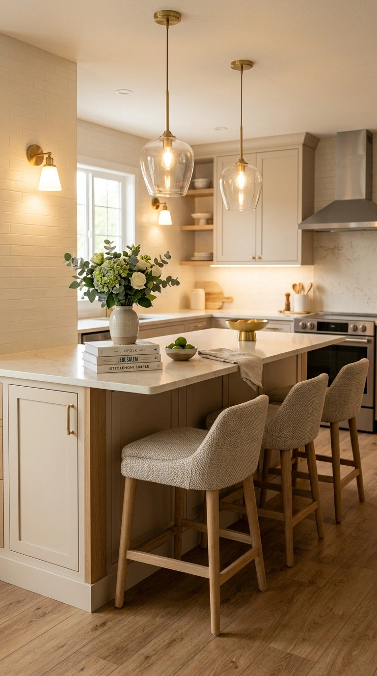 009 9 Soft Beige Peninsula With Layered Lighting Creat