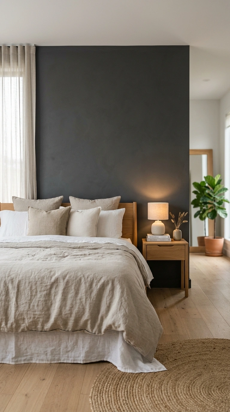 009 A bedroom where the charcoal accent wall holds onl