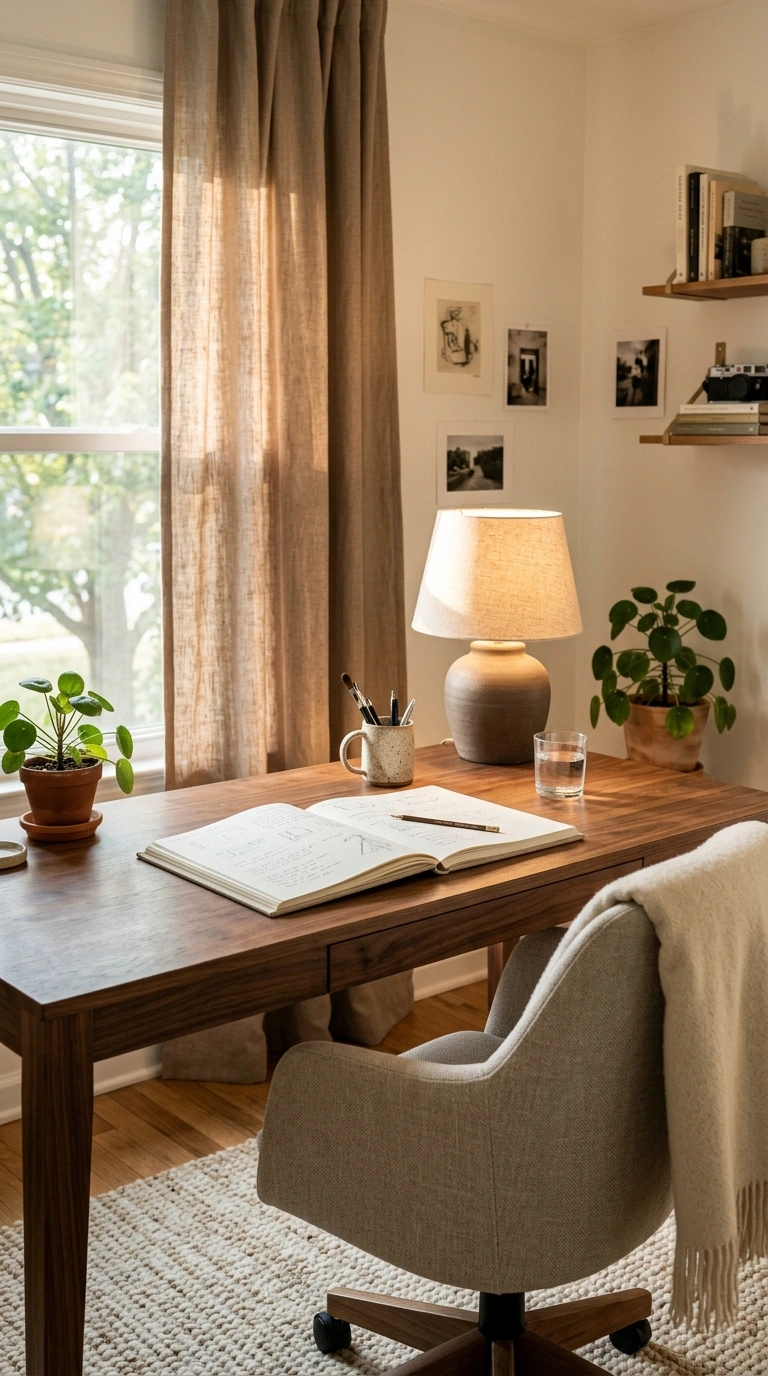 009 Warm Taupe Curtains In A Cozy Creative Office Crea