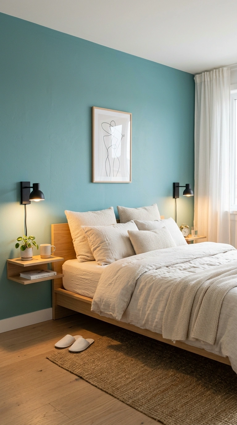 010 10 Teal Bedroom with Floating Bedside Lights Moder Teal bedroom with floating lights 202605210056
