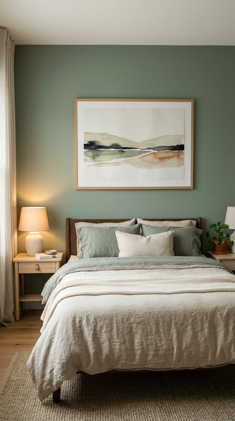 010 A bedroom with one oversized framed print filling