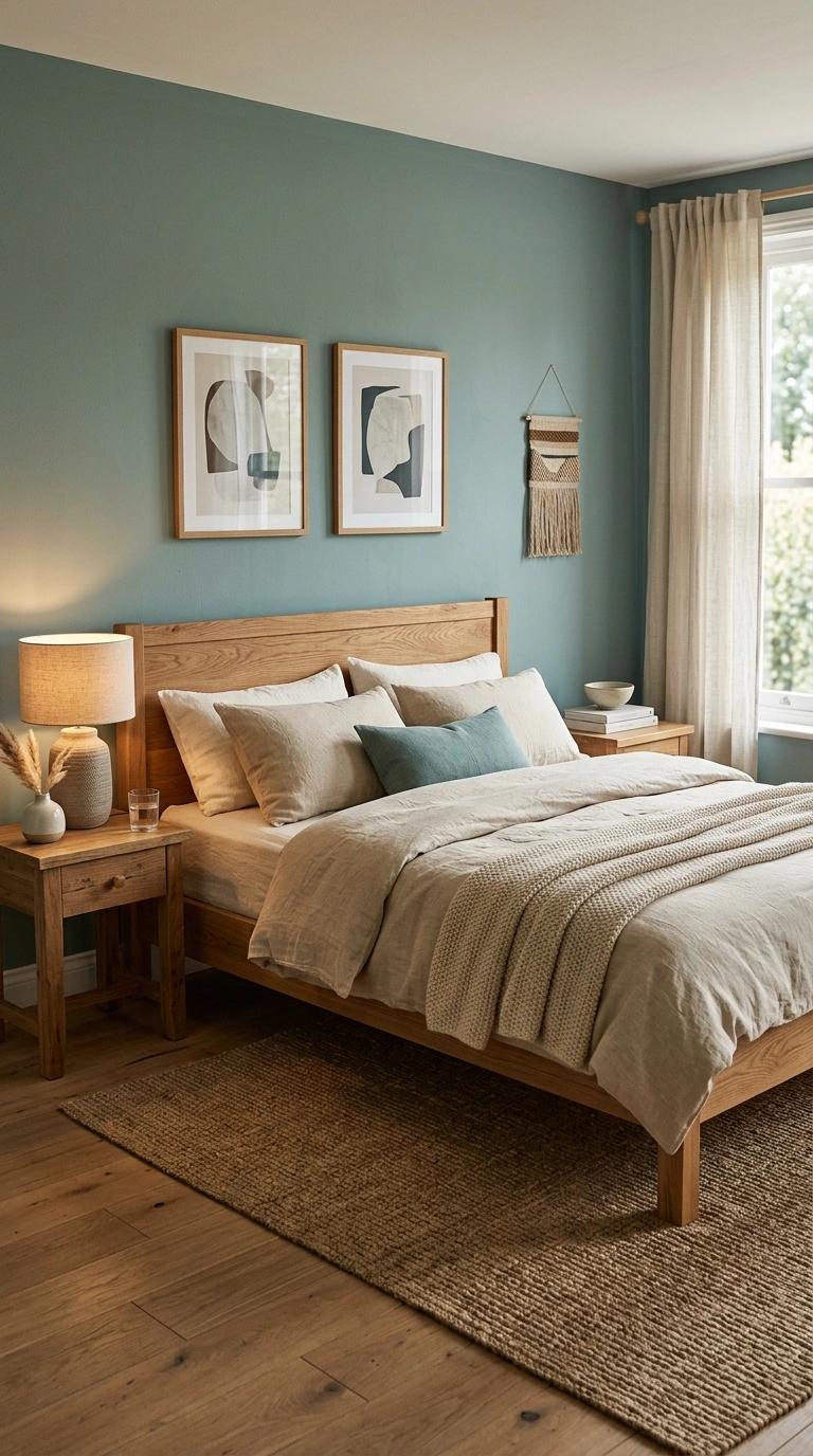 011 11 Teal Bedroom with Natural Linen and Earthy Warm Teal bedroom with linen bedding 202605210056