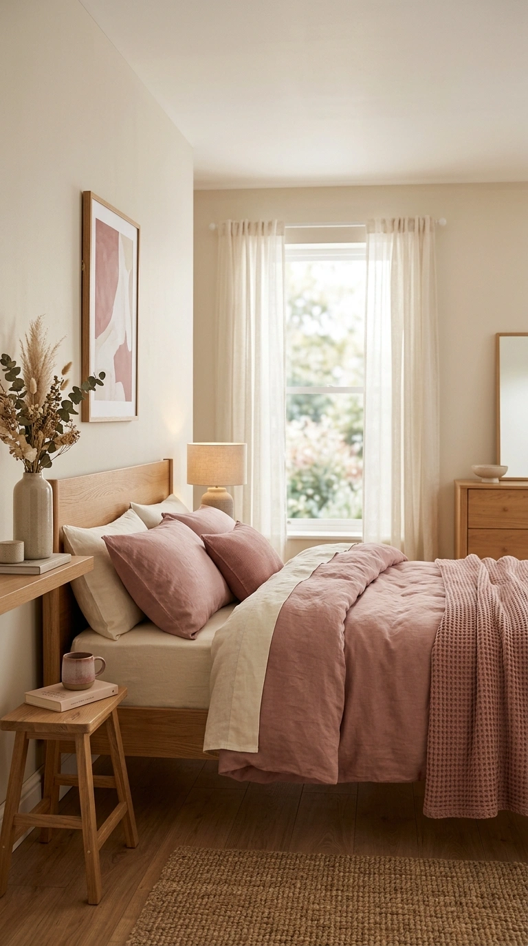012 A bedroom using one hero accent color of dusty ros