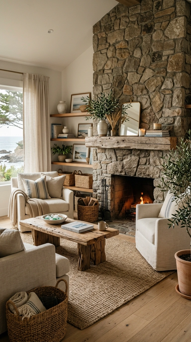012 Coastal Living Room With Stone and Driftwood Detai Coastal living room stone driftwood 202605202309