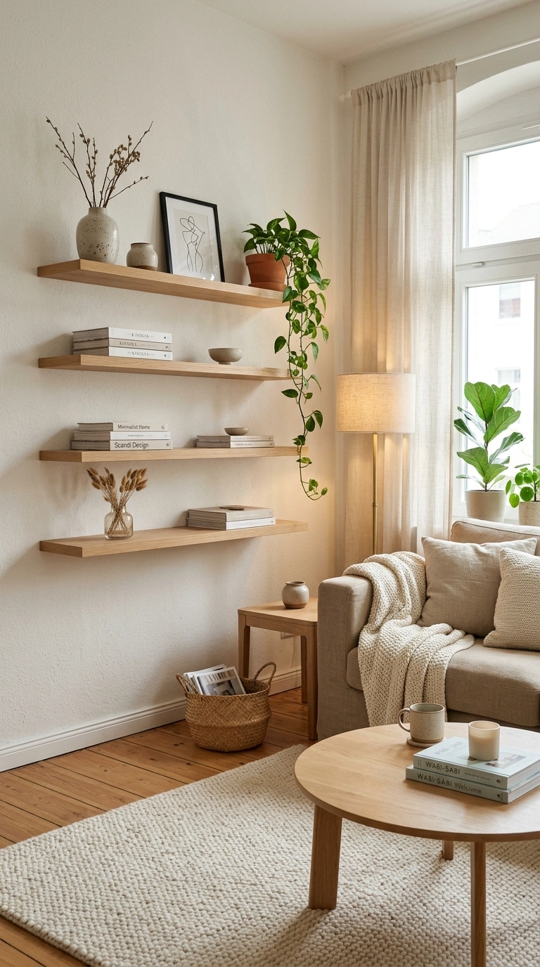 012 Scandinavian Living Room With Floating Wood Shelve