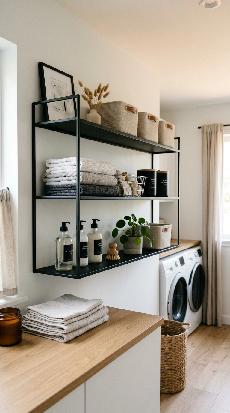 012 Thin Black Metal Shelves With Modern Contrast Crea