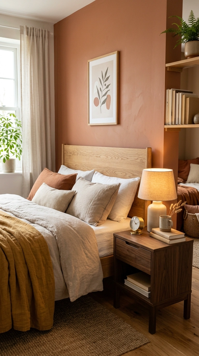 014 A bedroom where a warm clay accent wall sits besid