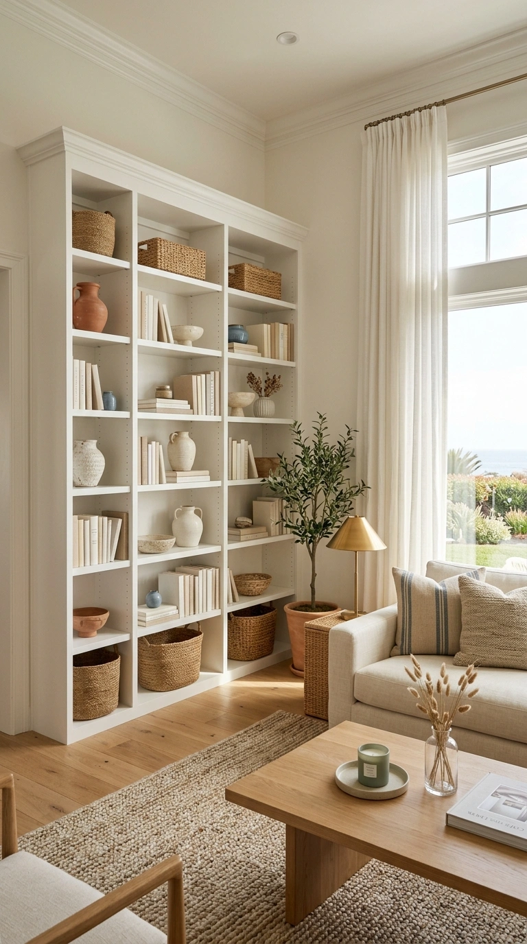 014 Coastal Living Room With Floor to Ceiling Shelving Coastal living room with shelving 202605202309