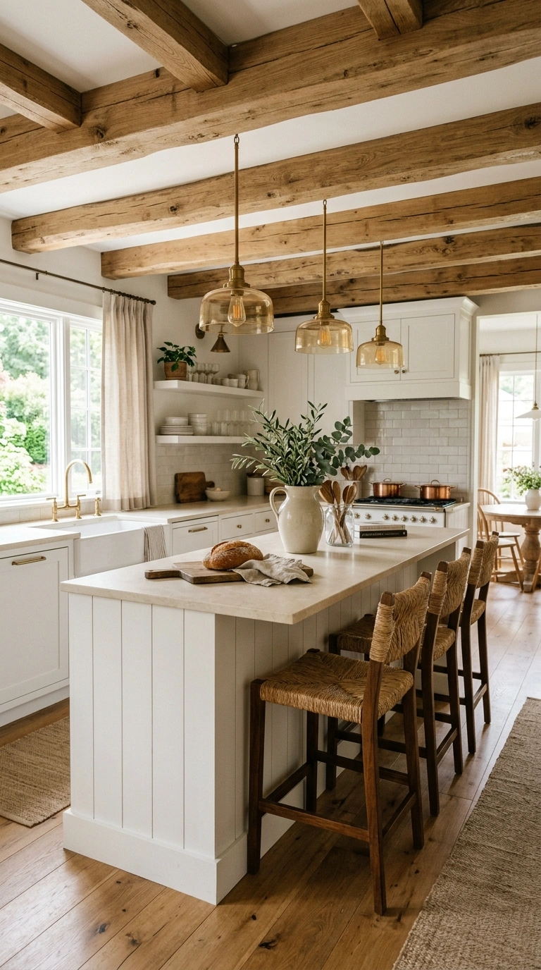 015 15 White Peninsula With Exposed Wood Ceiling Beams
