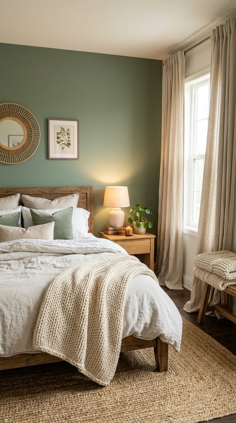 015 A bedroom with a sage accent wall softened by laye
