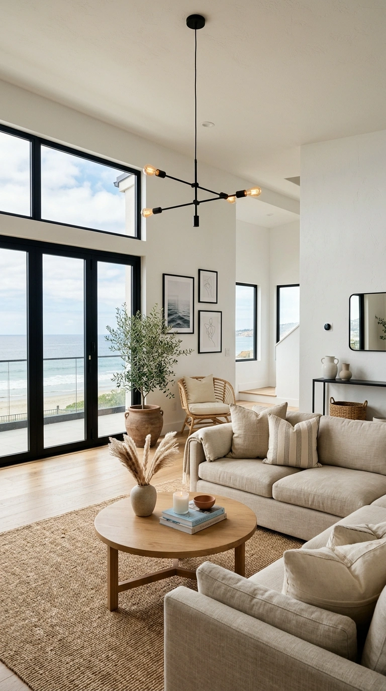 015 Warm Coastal Living Room With Sunset Inspired Colo Modern living room black accents 202605202310