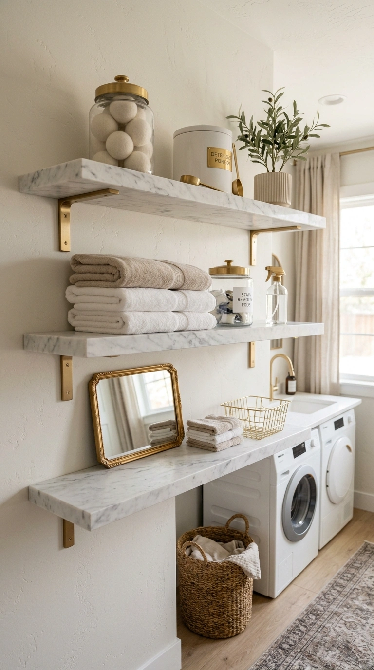 016 Marble Shelves With Warm Gold Details Create a hig