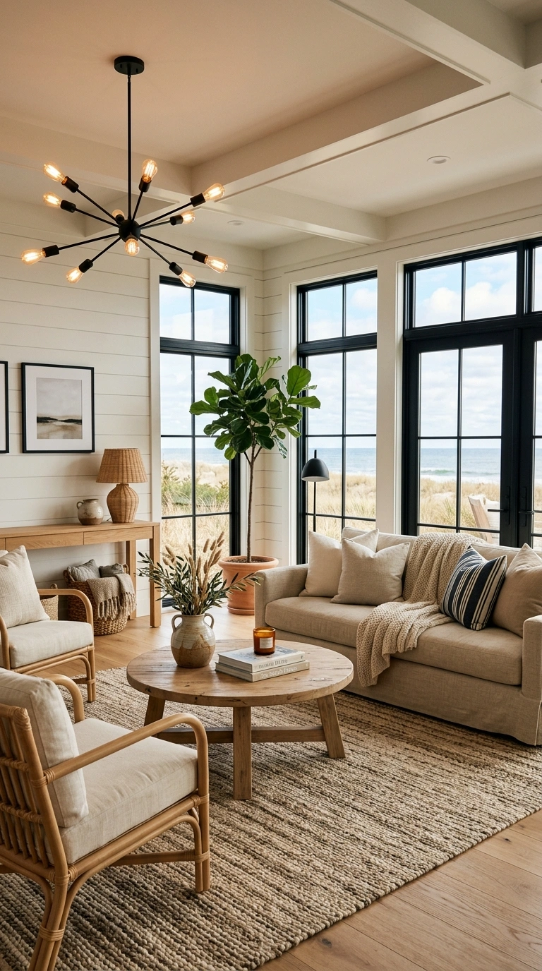 016 Modern Coastal Living Room With Black Accents Crea Modern living room black accents 202605202310