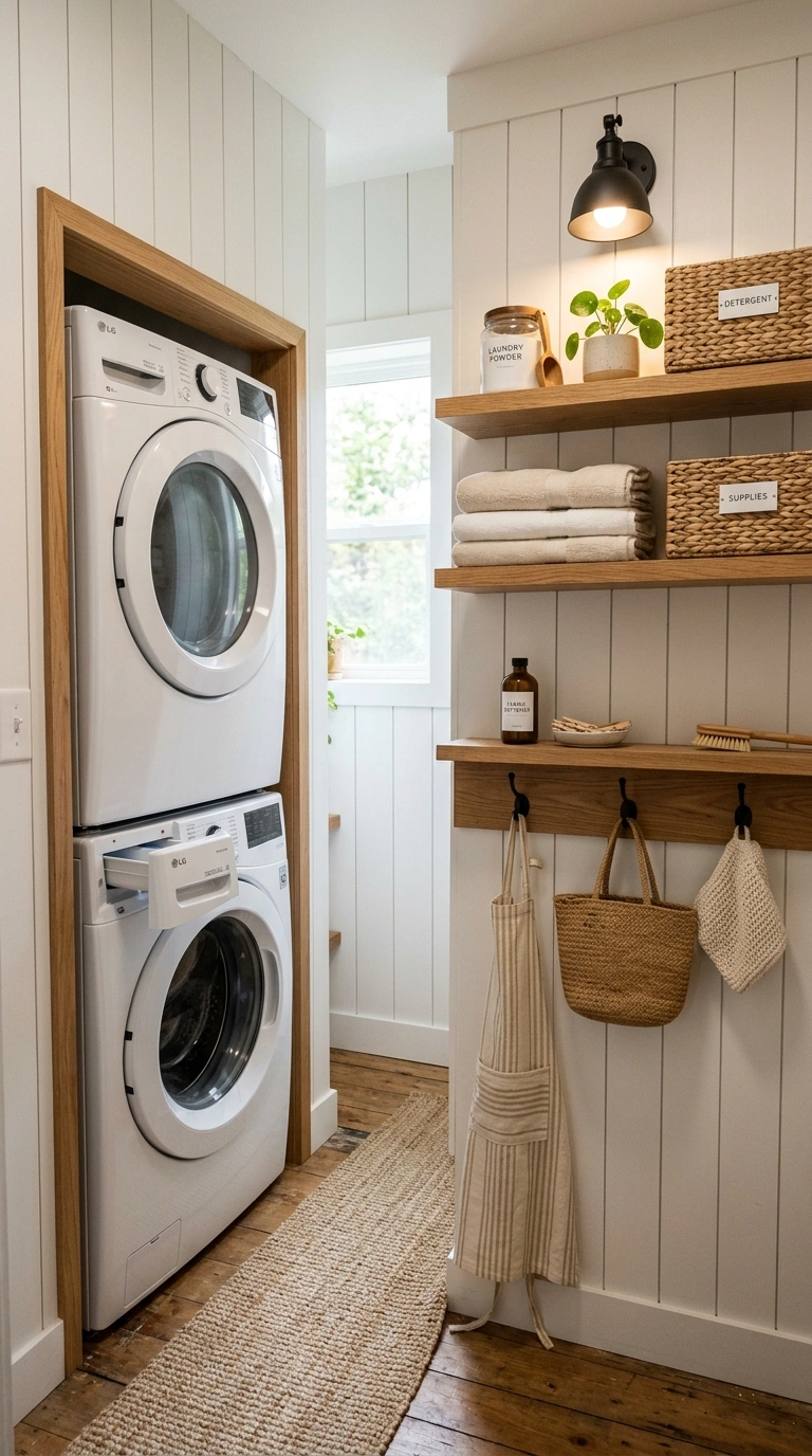 016 Tiny Laundry Room With Vertical White Shiplap Crea Laundry room with shiplap shelves 202605212308