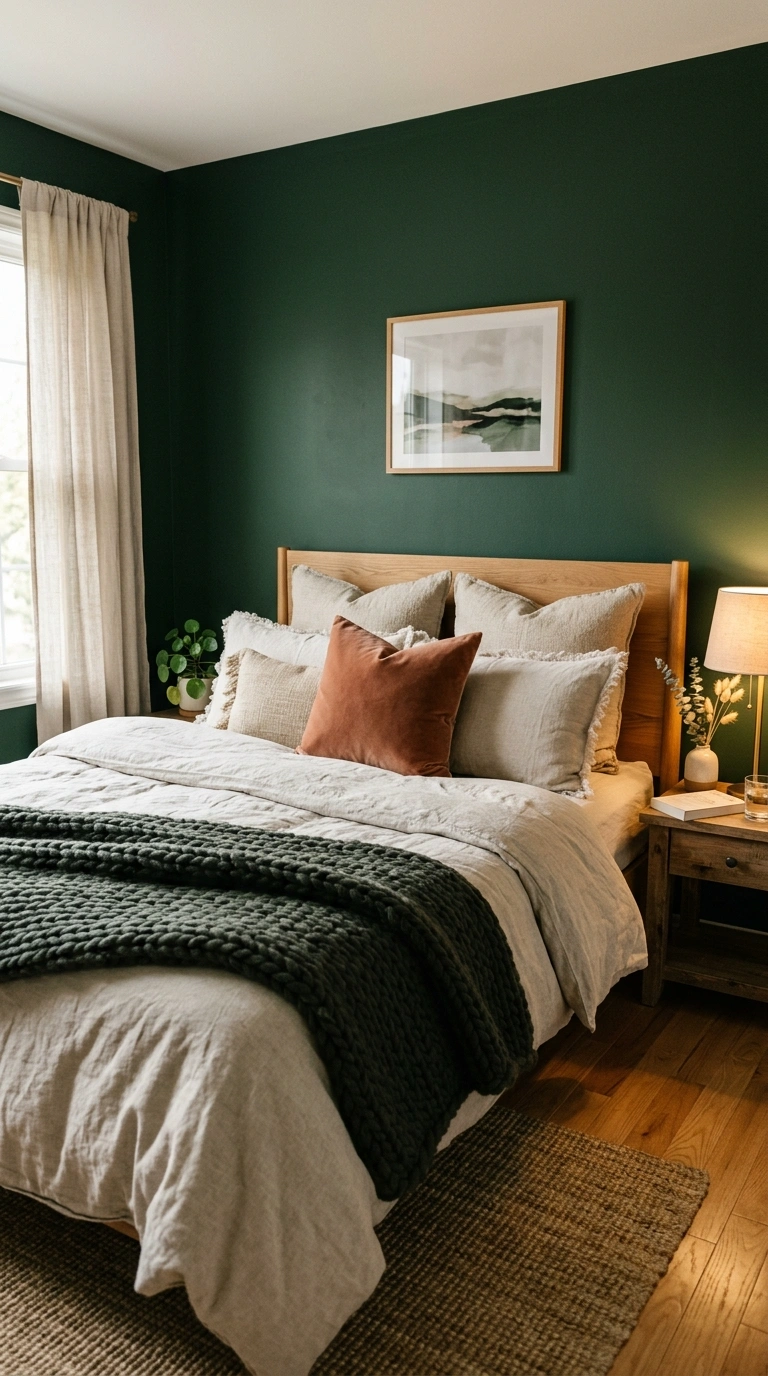 017 A bedroom where a bold forest green accent wall is