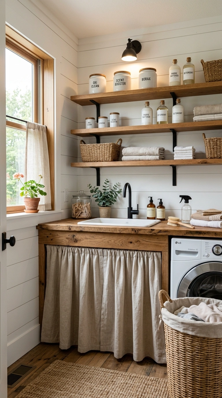 017 Farmhouse Laundry Room With Fabric Skirt Cabinets Farmhouse laundry room fabric skirt 202605212309