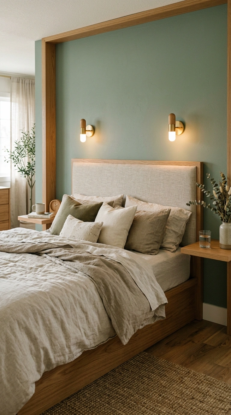 018 A bedroom where a sage accent wall flatters an oat