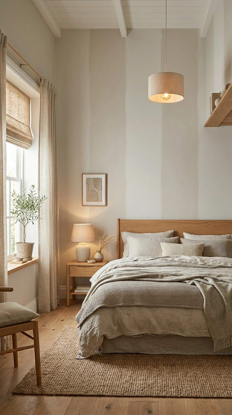020 A bedroom with subtle thin vertical tonal stripes
