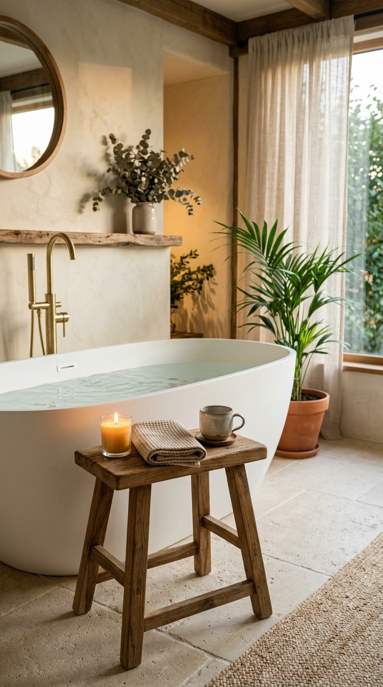 020 Wooden Bath Stool Beside Freestanding Tub Create a