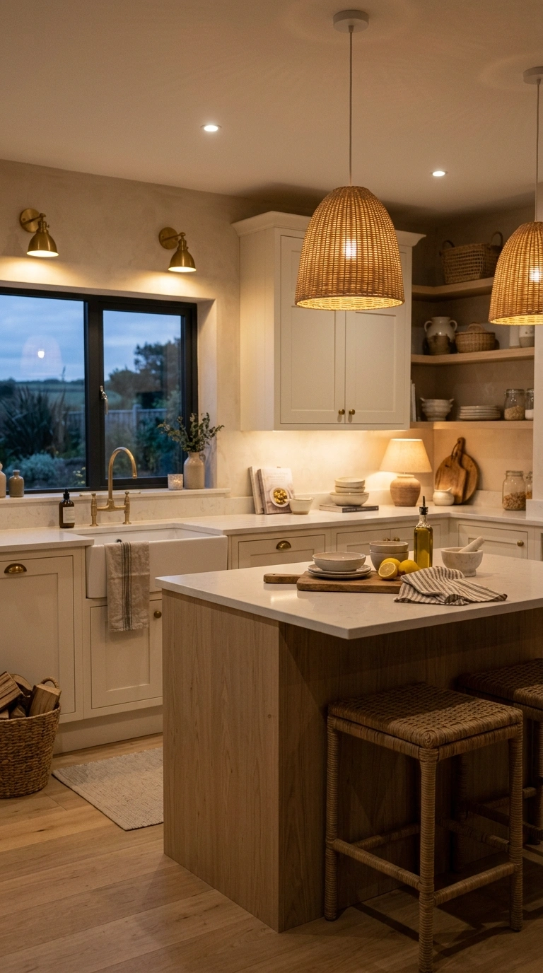 021 Layered Lighting In A Coastal Kitchen Evening Scen